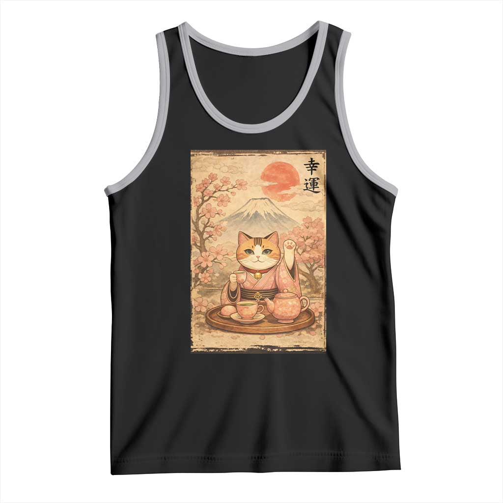 Japanese Maneki Neko Drinking Tea Kawaii Lucky Cat Tank Top TS12 Black Athletic Heather Print Your Wear