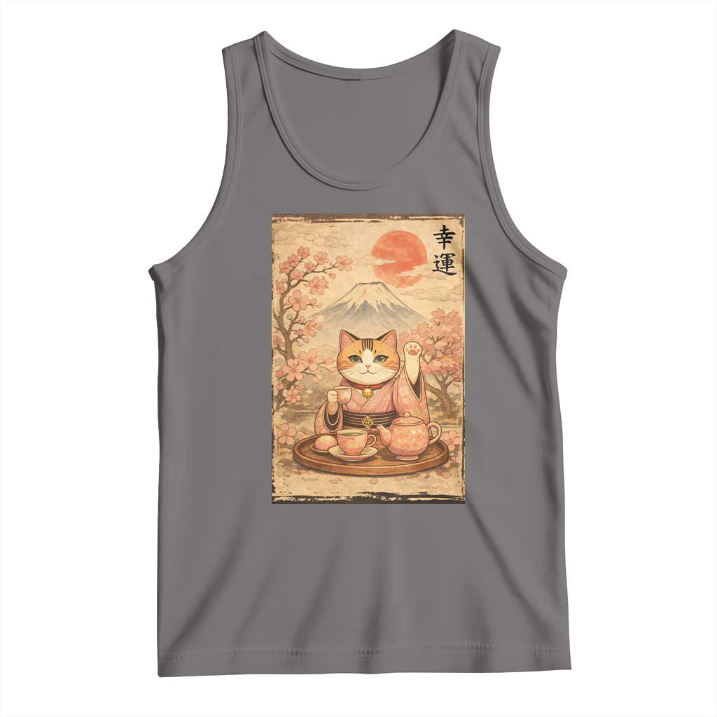 Japanese Maneki Neko Drinking Tea Kawaii Lucky Cat Tank Top TS12 Deep Heather Print Your Wear