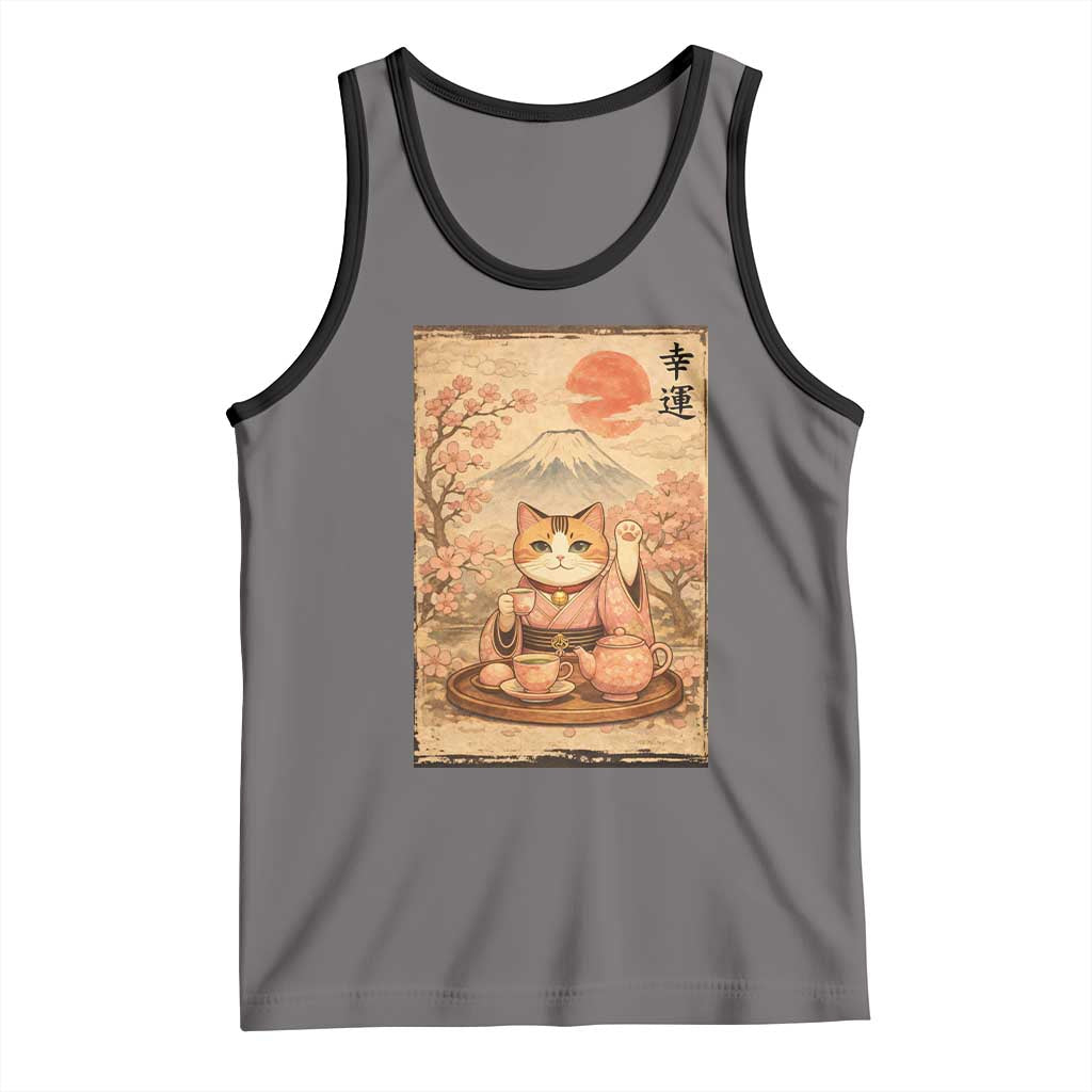 Japanese Maneki Neko Drinking Tea Kawaii Lucky Cat Tank Top TS12 Deep Heather Black Print Your Wear