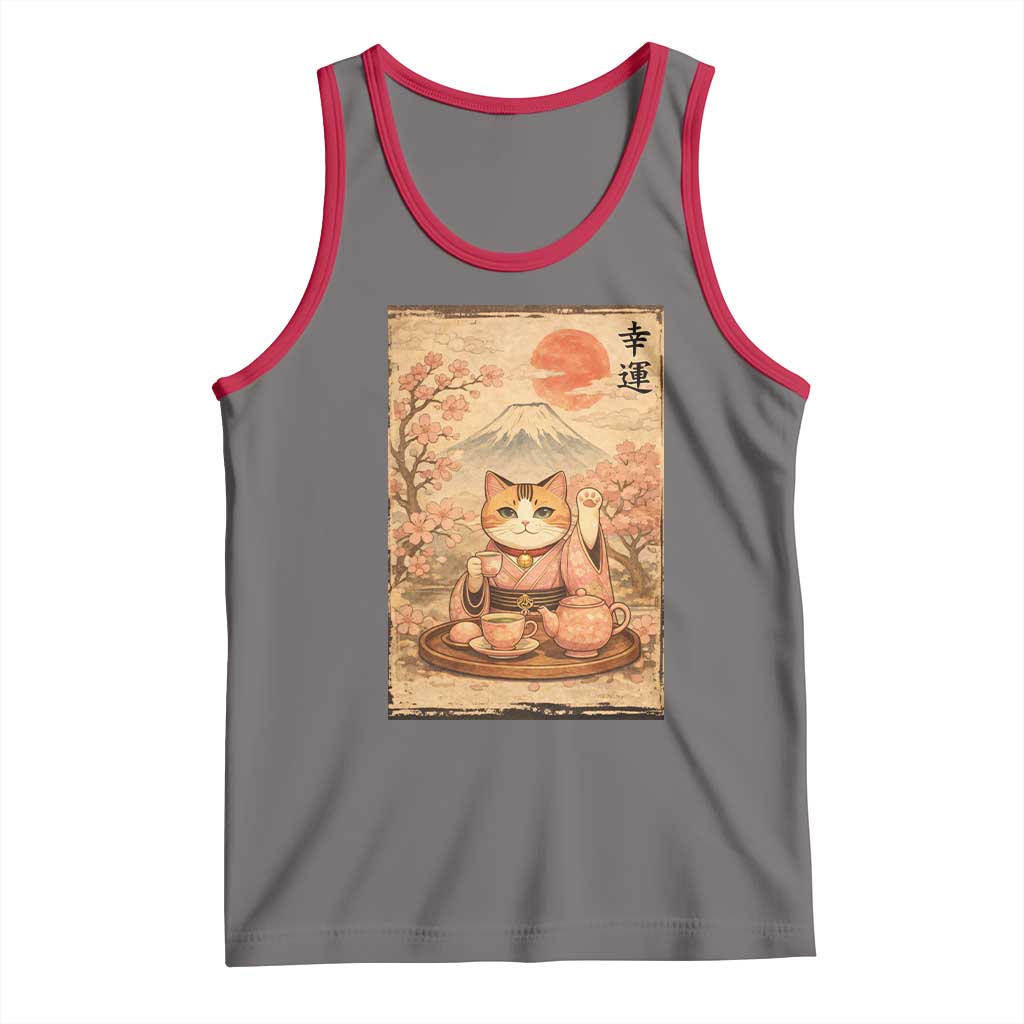 Japanese Maneki Neko Drinking Tea Kawaii Lucky Cat Tank Top TS12 Deep Heather Red Print Your Wear