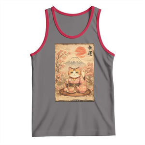 Japanese Maneki Neko Drinking Tea Kawaii Lucky Cat Tank Top TS12 Deep Heather Red Print Your Wear
