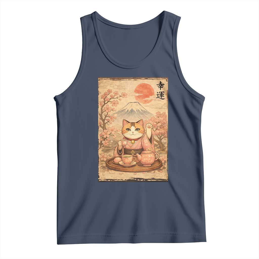 Japanese Maneki Neko Drinking Tea Kawaii Lucky Cat Tank Top TS12 Navy Print Your Wear