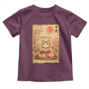 Japanese Maneki Neko Drinking Tea Kawaii Lucky Cat Toddler T Shirt TS12 Maroon Print Your Wear