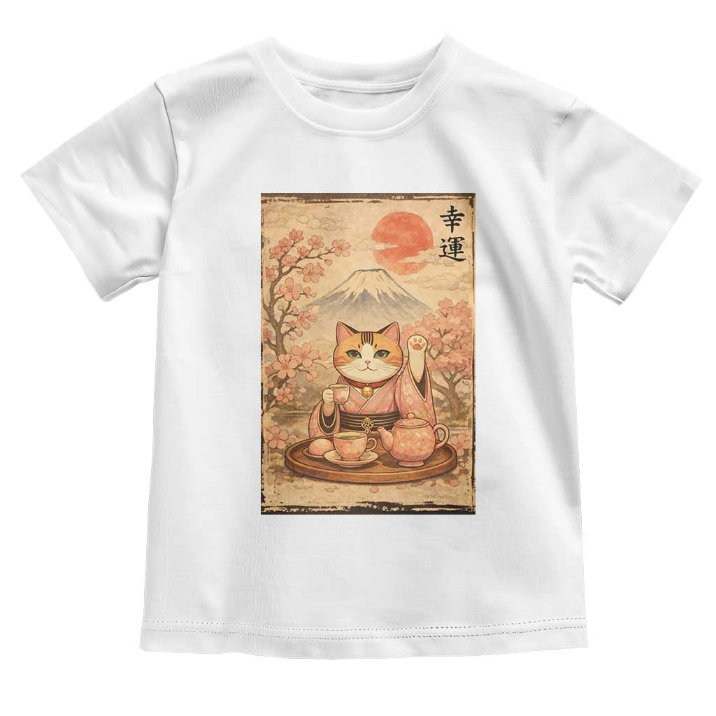 Japanese Maneki Neko Drinking Tea Kawaii Lucky Cat Toddler T Shirt TS12 White Print Your Wear