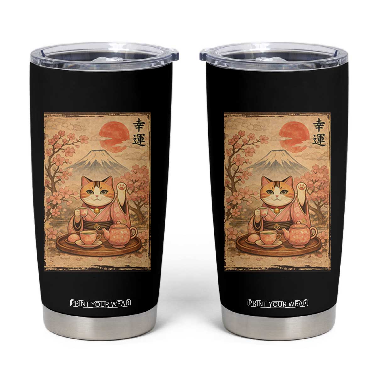 Japanese Maneki Neko Drinking Tea Kawaii Lucky Cat Tumbler Cup TS12 Black Print Your Wear