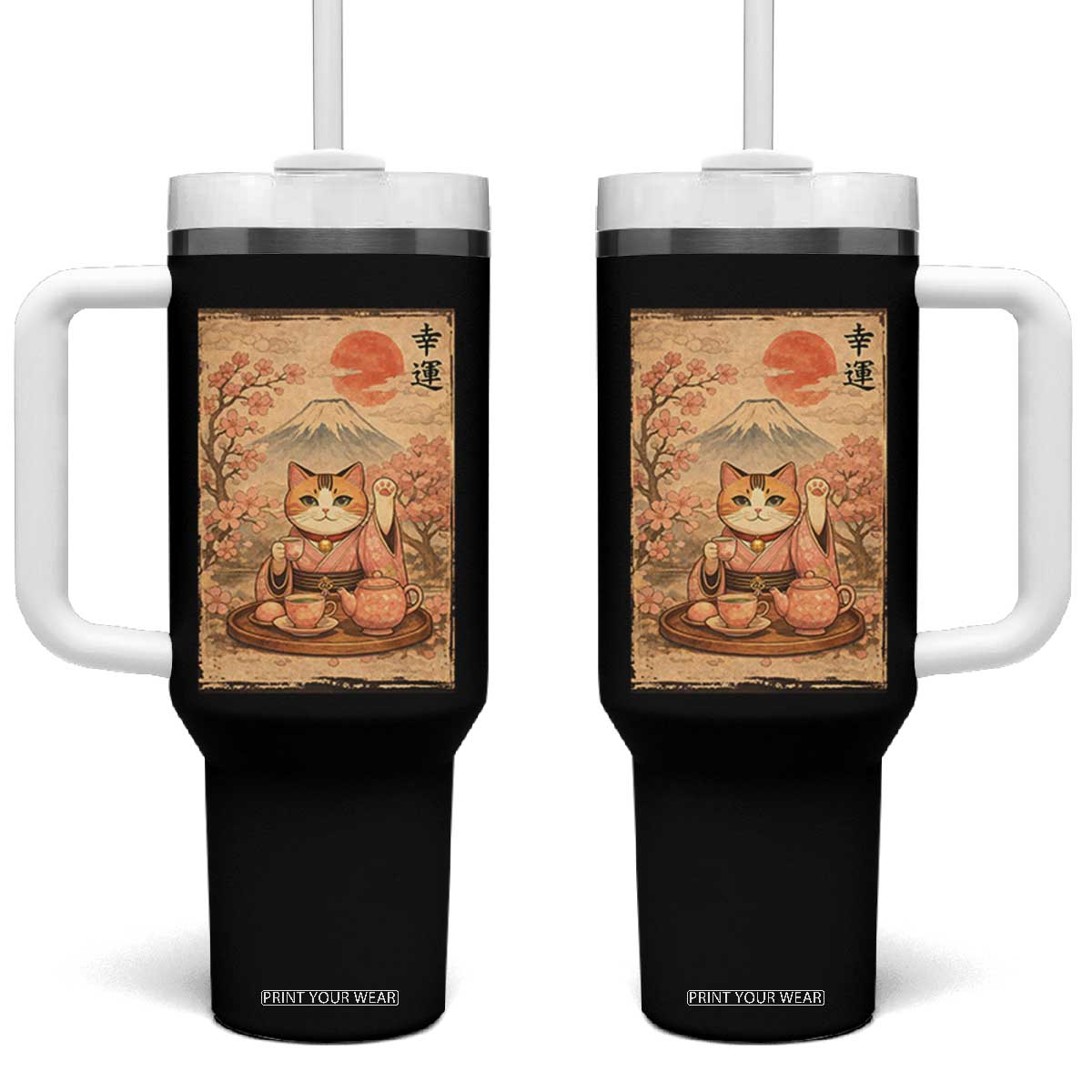 Japanese Maneki Neko Drinking Tea Kawaii Lucky Cat Tumbler With Handle TS12 One Size: 40 oz Black Print Your Wear