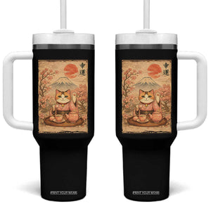 Japanese Maneki Neko Drinking Tea Kawaii Lucky Cat Tumbler With Handle TS12 One Size: 40 oz Black Print Your Wear