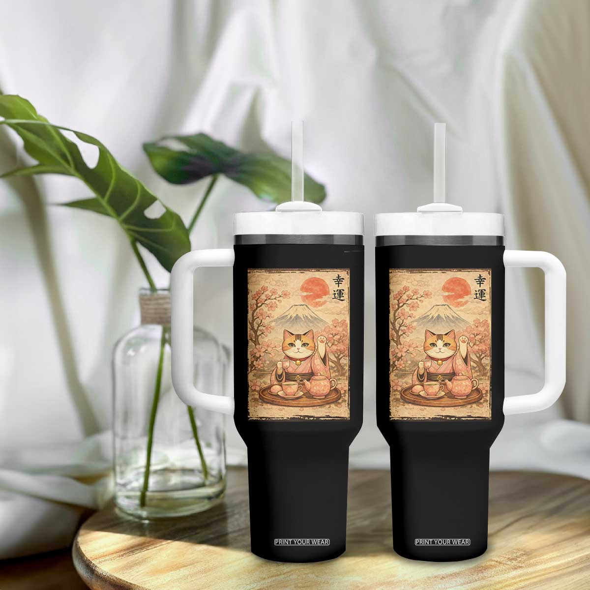 Japanese Maneki Neko Drinking Tea Kawaii Lucky Cat Tumbler With Handle TS12 Print Your Wear