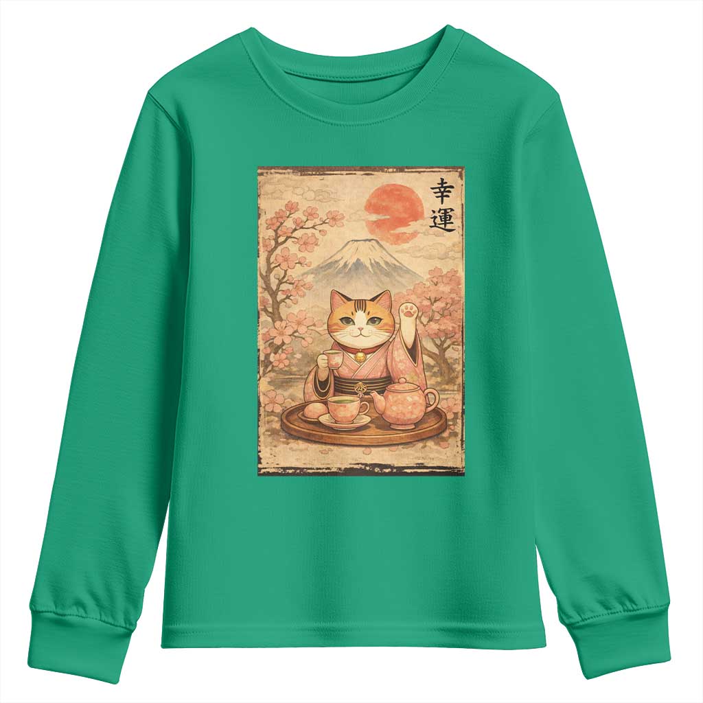 Japanese Maneki Neko Drinking Tea Kawaii Lucky Cat Youth Sweatshirt TS12 Irish Green Print Your Wear