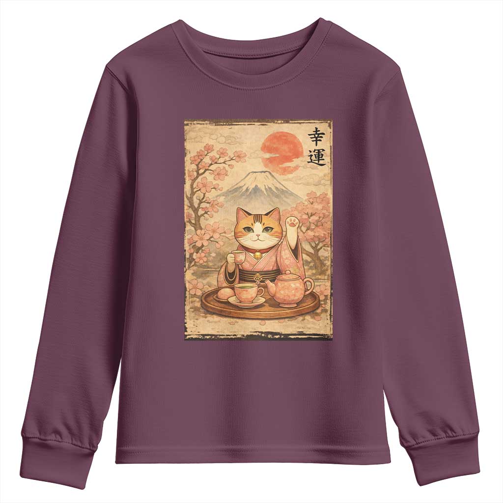 Japanese Maneki Neko Drinking Tea Kawaii Lucky Cat Youth Sweatshirt TS12 Maroon Print Your Wear