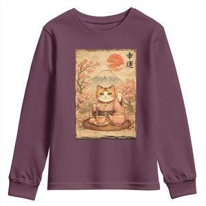 Japanese Maneki Neko Drinking Tea Kawaii Lucky Cat Youth Sweatshirt TS12 Maroon Print Your Wear