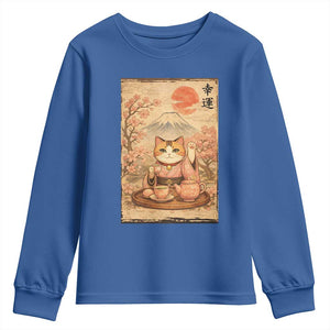 Japanese Maneki Neko Drinking Tea Kawaii Lucky Cat Youth Sweatshirt TS12 Royal Blue Print Your Wear