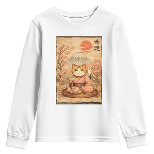 Japanese Maneki Neko Drinking Tea Kawaii Lucky Cat Youth Sweatshirt TS12 White Print Your Wear
