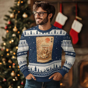 Funny Horse Eating Sushi Ugly Christmas Sweater Japanese Noodle Lover TS12 Navy Beige Print Your Wear