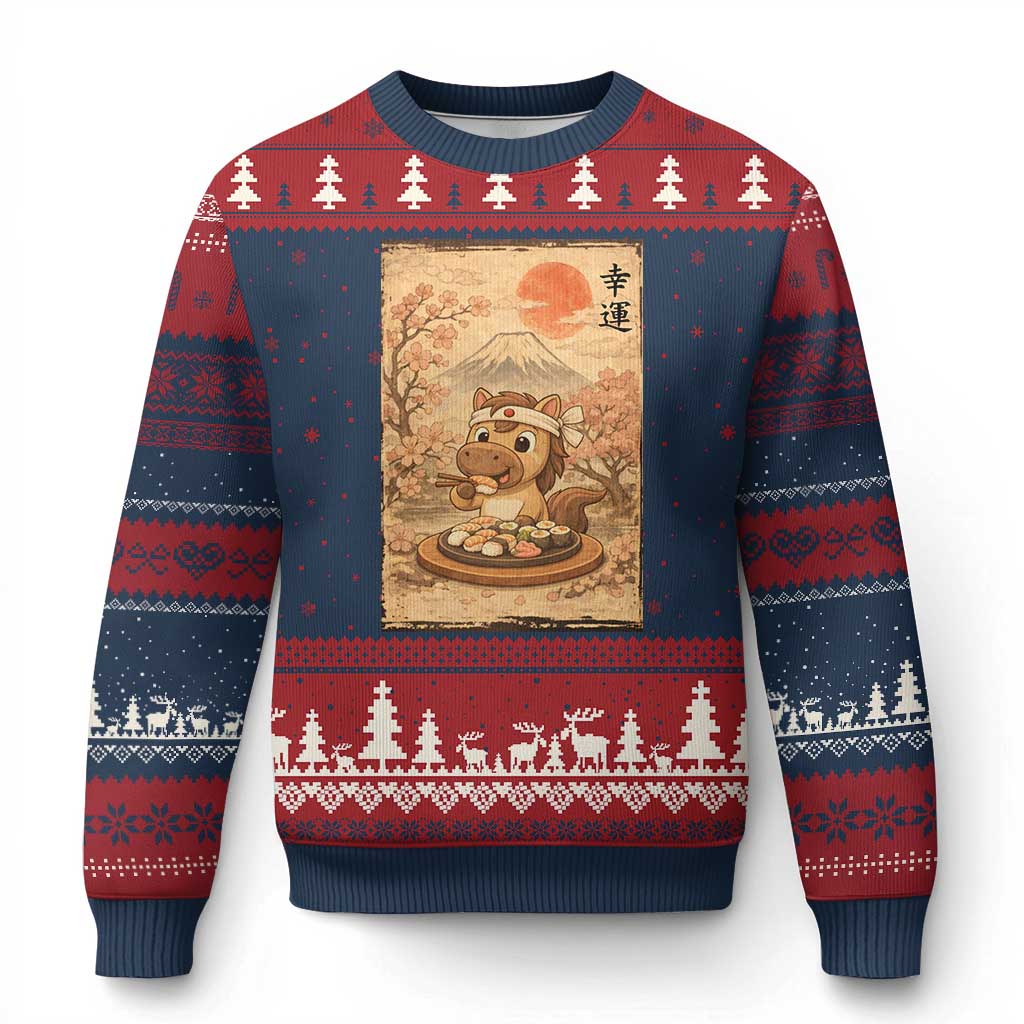 Funny Horse Eating Sushi Ugly Christmas Sweater Japanese Noodle Lover TS12 Navy Red Print Your Wear