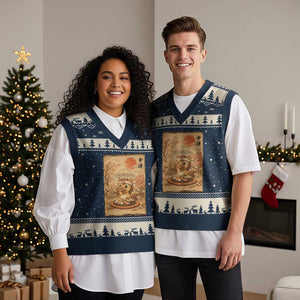 Funny Horse Eating Sushi V-Neck Knit Sweater Vest Japanese Noodle Lover TS12 Navy Beige Print Your Wear