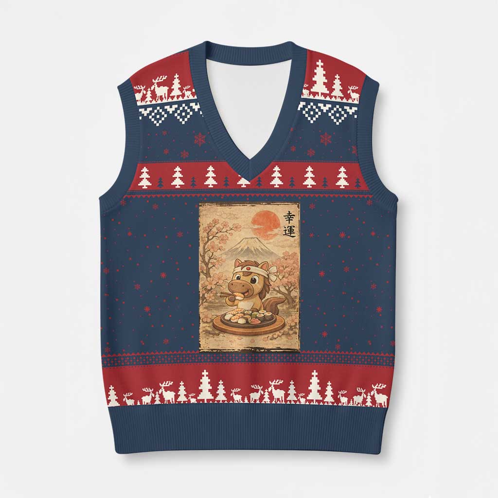 Funny Horse Eating Sushi V-Neck Knit Sweater Vest Japanese Noodle Lover TS12 Navy Red Print Your Wear
