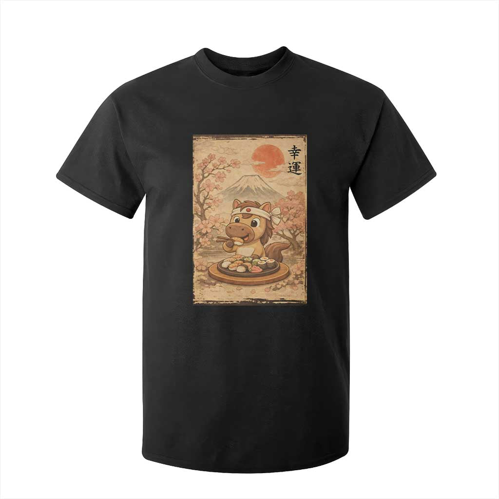 Funny Horse Eating Sushi T Shirt For Kid Japanese Noodle Lover TS12 Black Print Your Wear