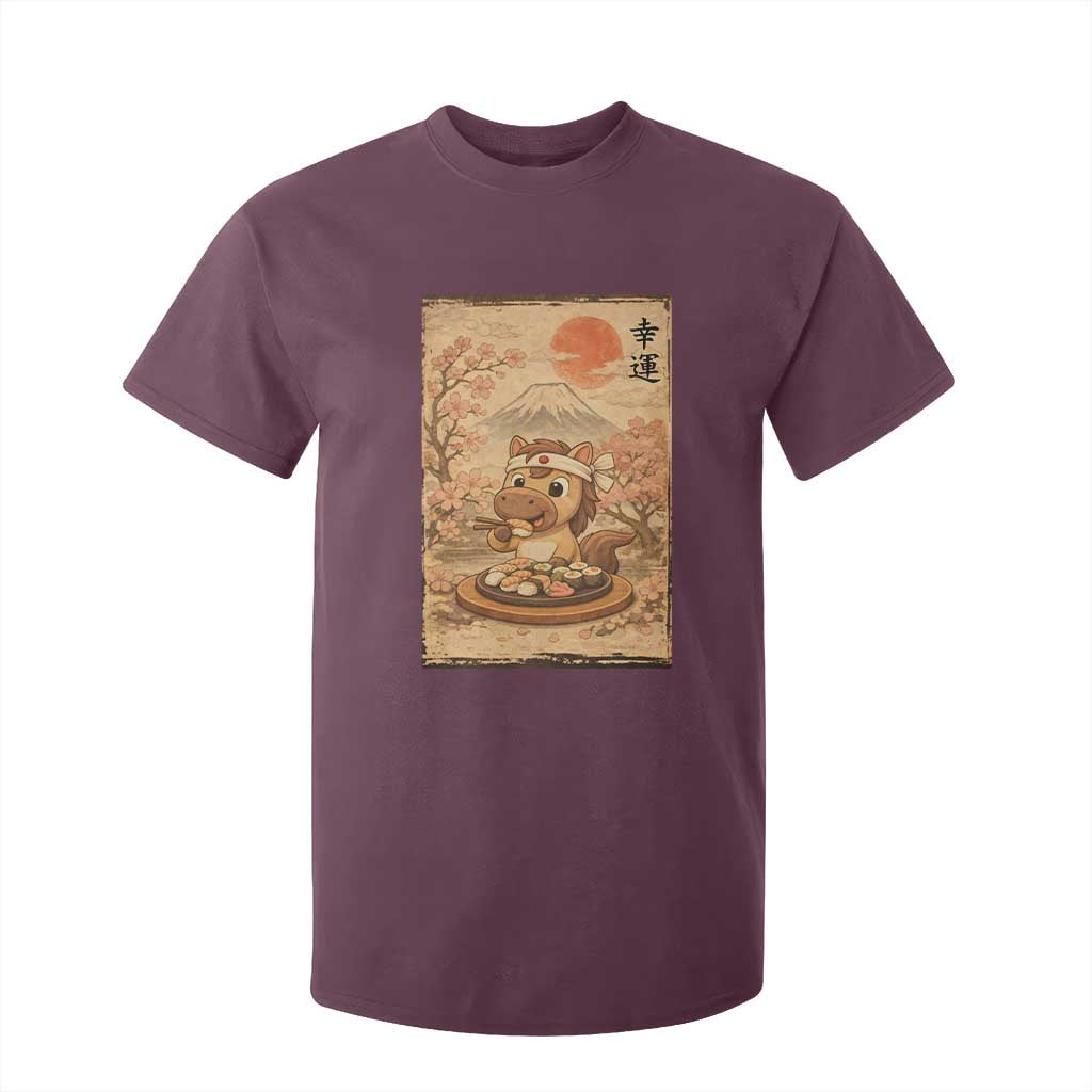 Funny Horse Eating Sushi T Shirt For Kid Japanese Noodle Lover TS12 Maroon Print Your Wear