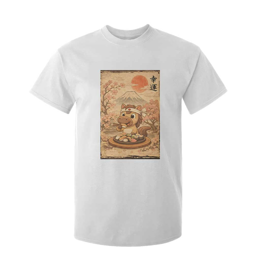 Funny Horse Eating Sushi T Shirt For Kid Japanese Noodle Lover TS12 White Print Your Wear