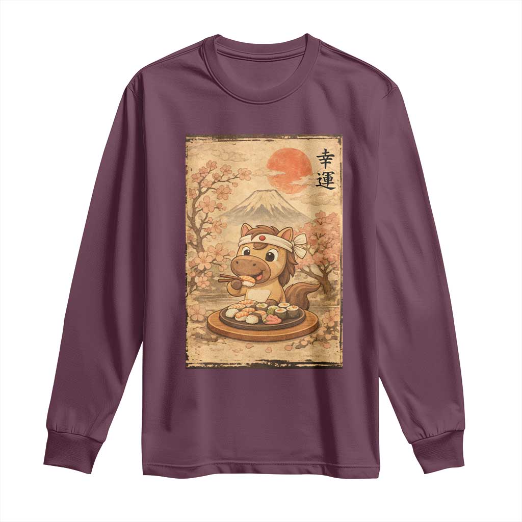 Funny Horse Eating Sushi Long Sleeve Shirt Japanese Noodle Lover TS12 Maroon Print Your Wear