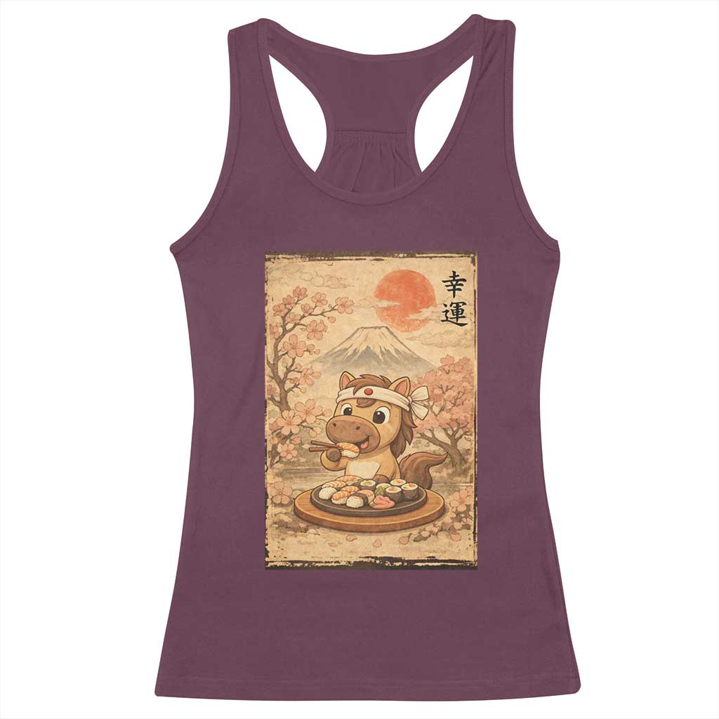 Funny Horse Eating Sushi Racerback Tank Top Japanese Noodle Lover TS12 Maroon Print Your Wear