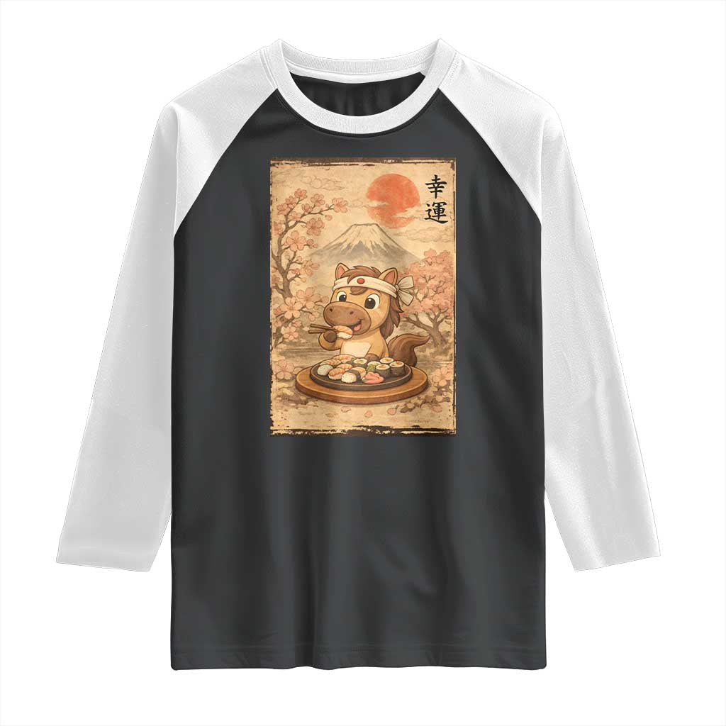 Funny Horse Eating Sushi Raglan Shirt Japanese Noodle Lover TS12 Black White Print Your Wear