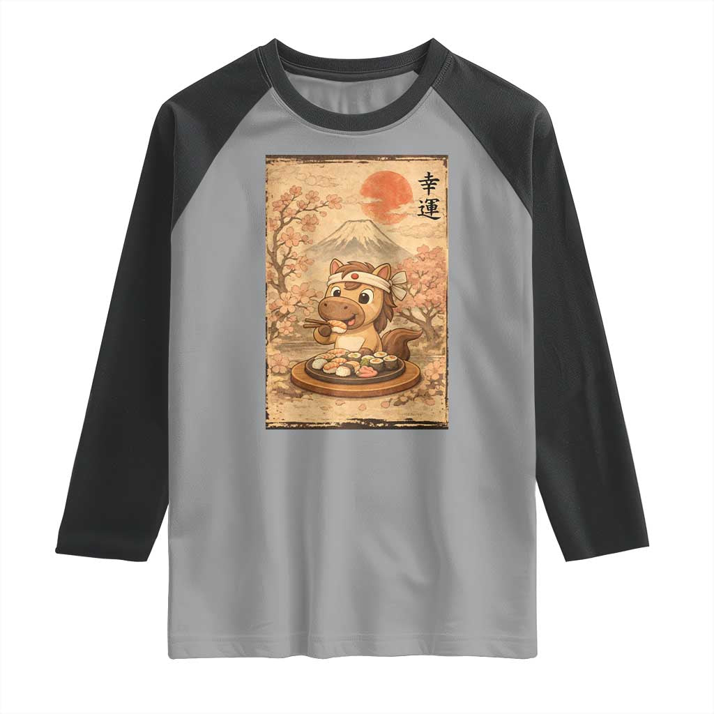 Funny Horse Eating Sushi Raglan Shirt Japanese Noodle Lover TS12 Sport Gray Black Print Your Wear