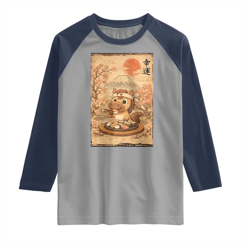 Funny Horse Eating Sushi Raglan Shirt Japanese Noodle Lover TS12 Sport Gray Navy Print Your Wear