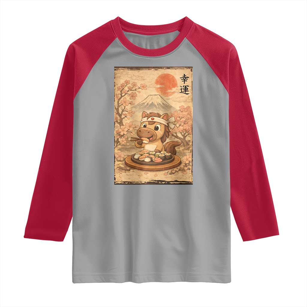 Funny Horse Eating Sushi Raglan Shirt Japanese Noodle Lover TS12 Sport Gray Red Print Your Wear