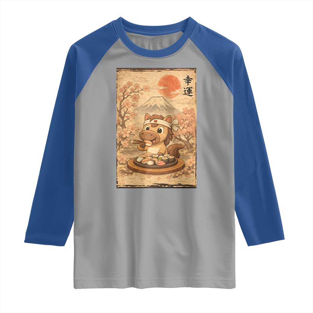 Funny Horse Eating Sushi Raglan Shirt Japanese Noodle Lover TS12 Sport Gray Royal Print Your Wear