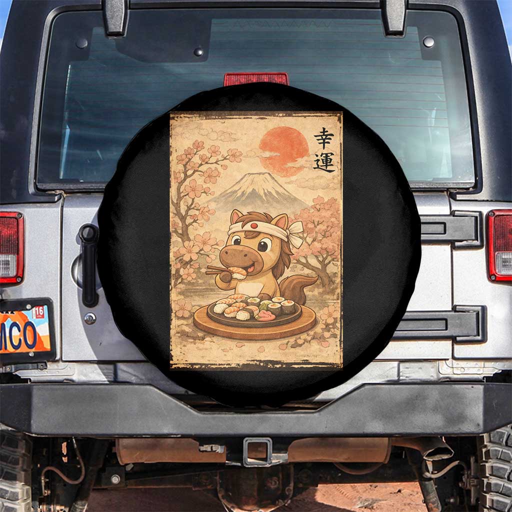 Funny Horse Eating Sushi Spare Tire Cover Japanese Noodle Lover TS12 No hole Black Print Your Wear
