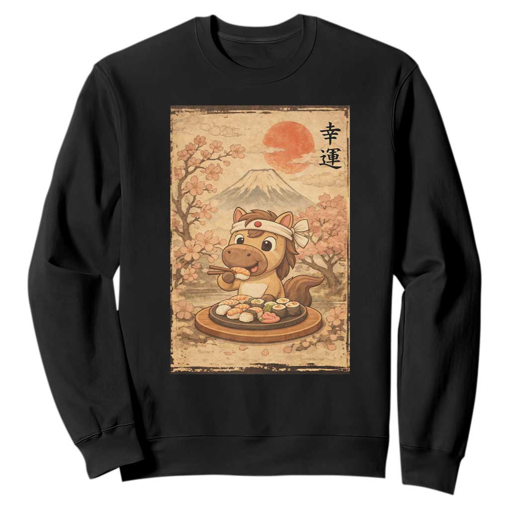 Funny Horse Eating Sushi Sweatshirt Japanese Noodle Lover TS12 Black Print Your Wear