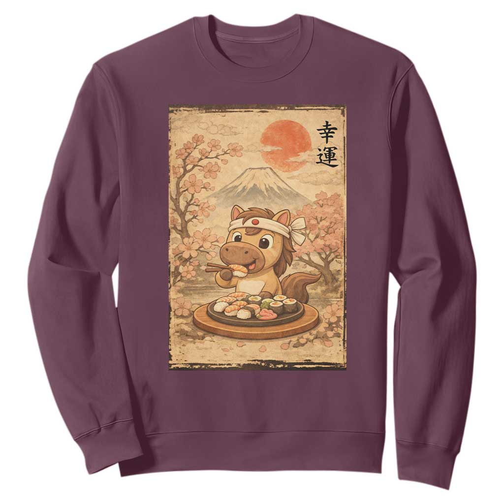 Funny Horse Eating Sushi Sweatshirt Japanese Noodle Lover TS12 Maroon Print Your Wear