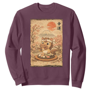 Funny Horse Eating Sushi Sweatshirt Japanese Noodle Lover TS12 Maroon Print Your Wear