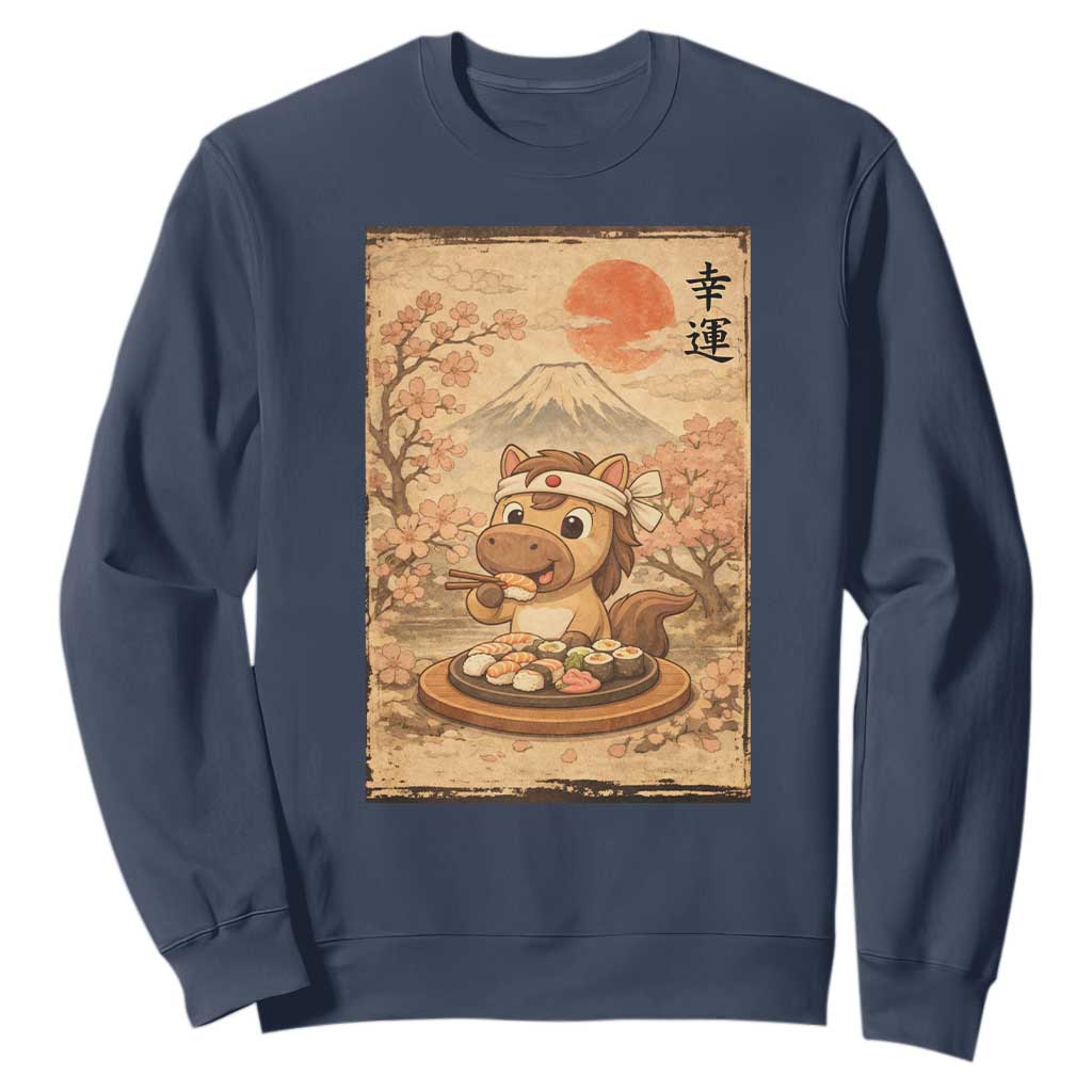 Funny Horse Eating Sushi Sweatshirt Japanese Noodle Lover TS12 Navy Print Your Wear