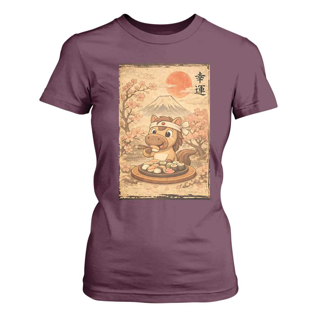 Funny Horse Eating Sushi T Shirt For Women Japanese Noodle Lover TS12 Maroon Print Your Wear