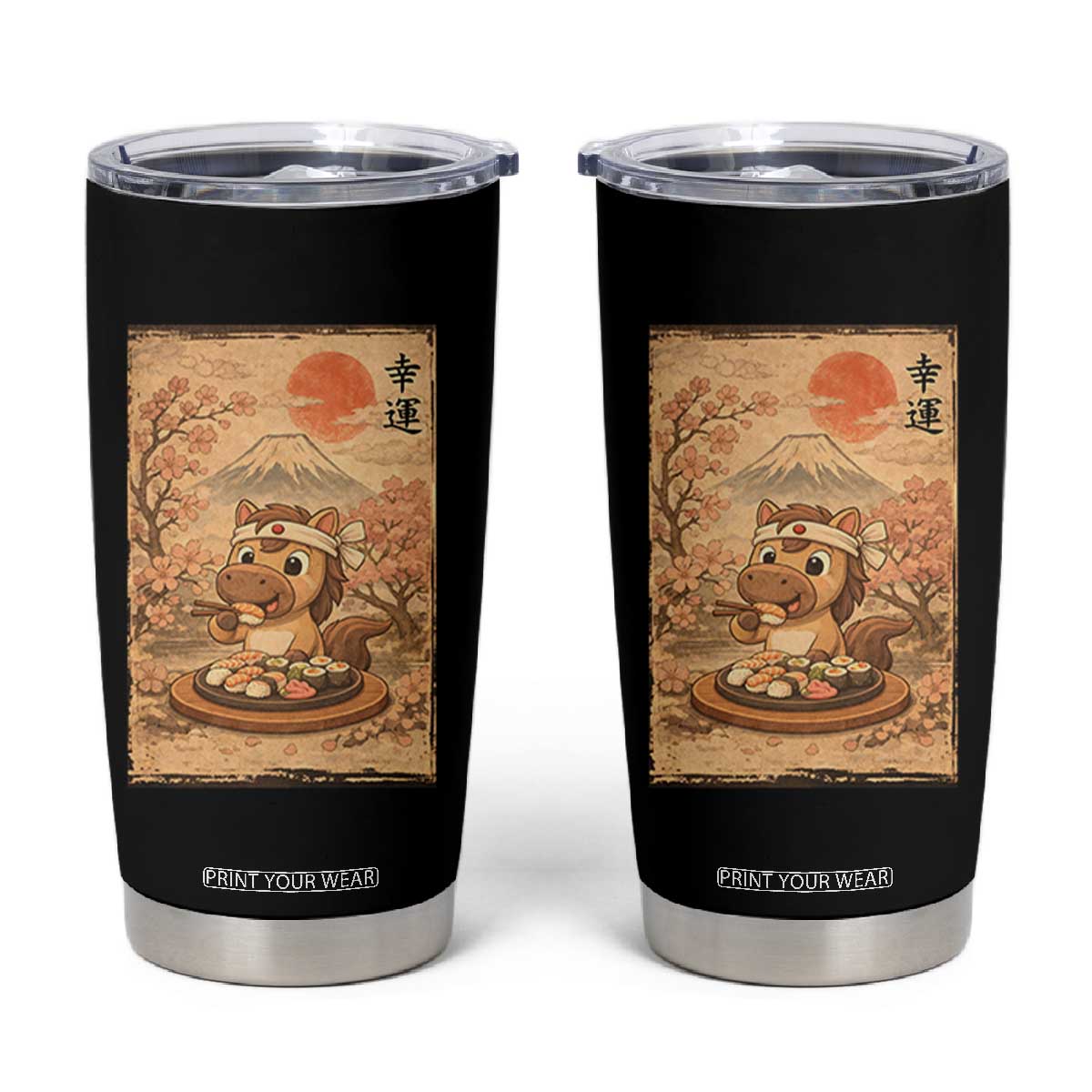 Funny Horse Eating Sushi Tumbler Cup Japanese Noodle Lover TS12 Black Print Your Wear