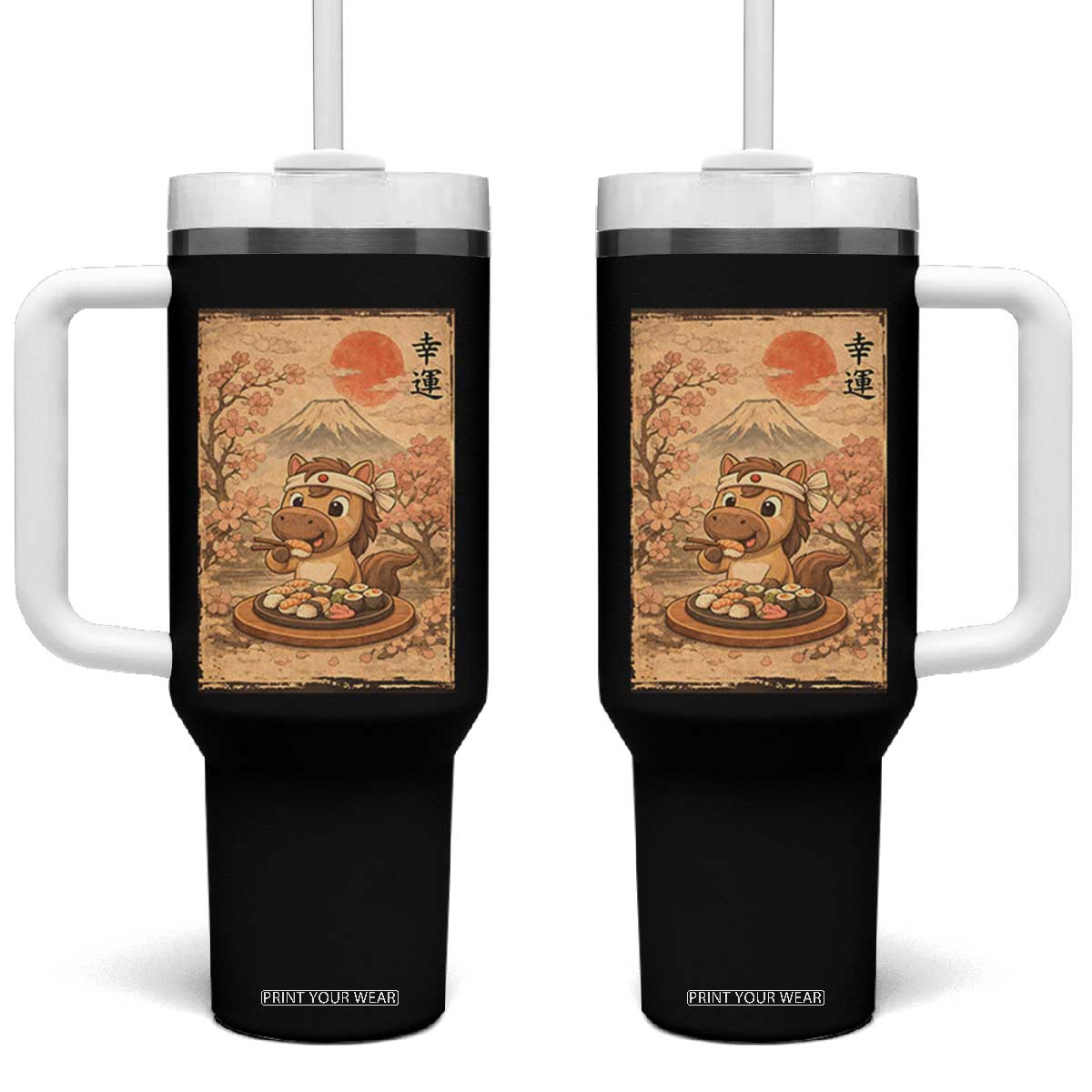 Funny Horse Eating Sushi Tumbler With Handle Japanese Noodle Lover TS12 One Size: 40 oz Black Print Your Wear