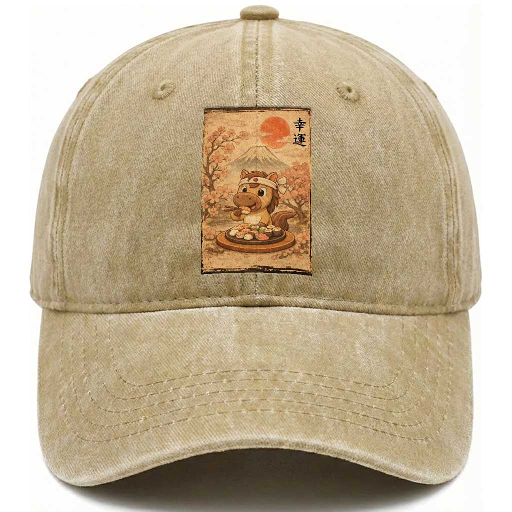 Funny Horse Eating Sushi Washed Cotton Baseball Cap Japanese Noodle Lover TS12 Print Your Wear