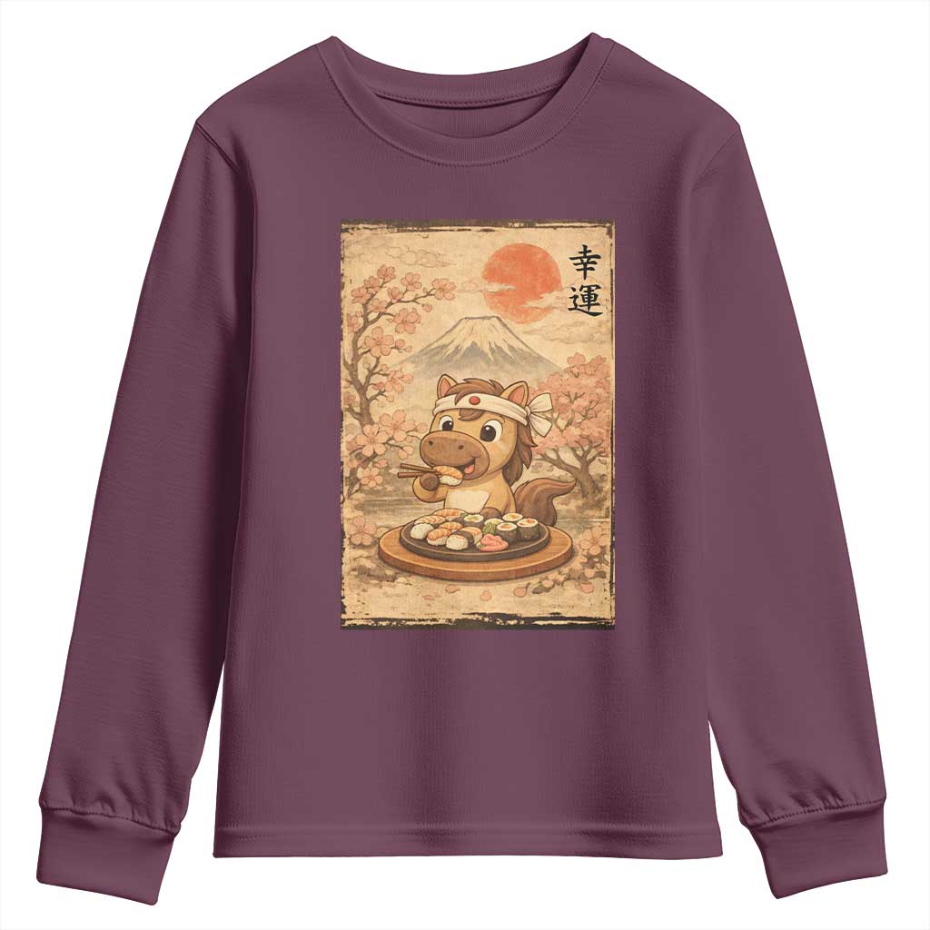 Funny Horse Eating Sushi Youth Sweatshirt Japanese Noodle Lover TS12 Maroon Print Your Wear