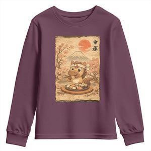 Funny Horse Eating Sushi Youth Sweatshirt Japanese Noodle Lover TS12 Maroon Print Your Wear