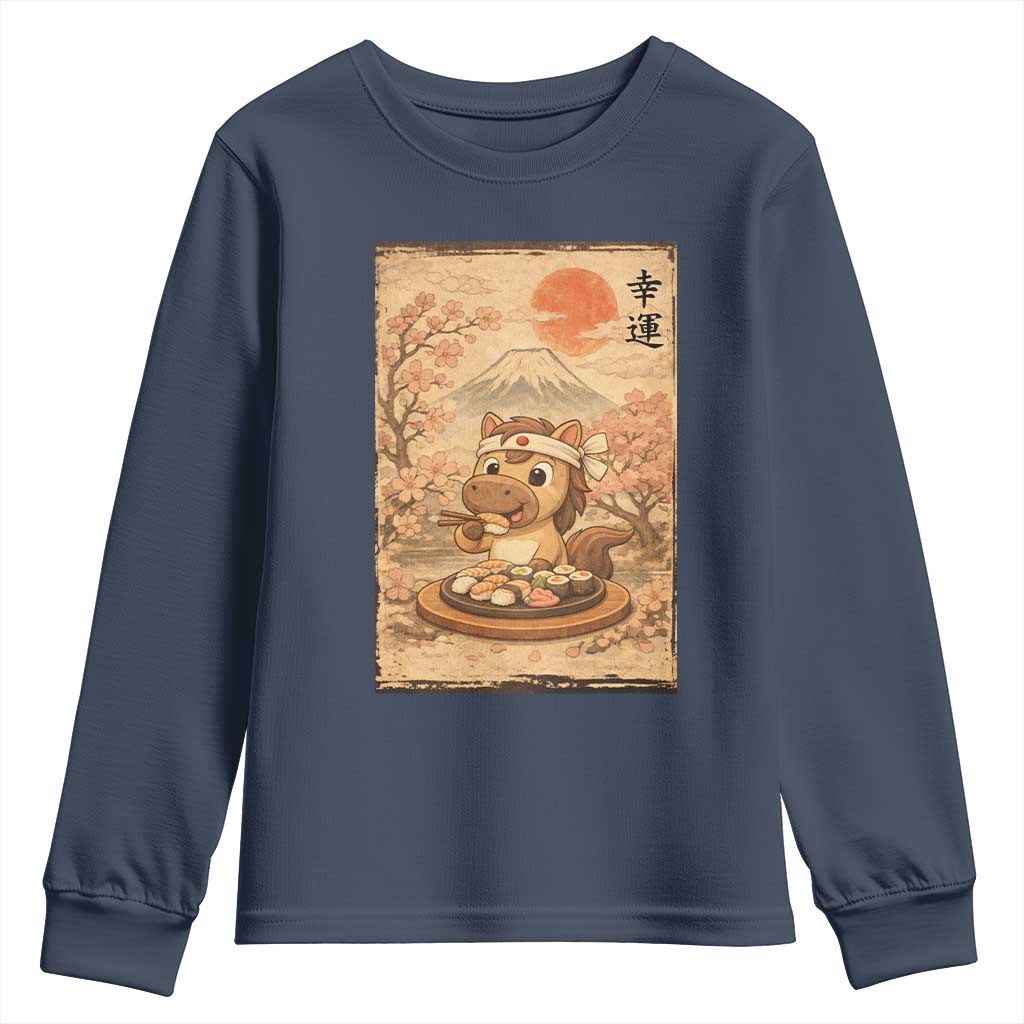 Funny Horse Eating Sushi Youth Sweatshirt Japanese Noodle Lover TS12 Navy Print Your Wear