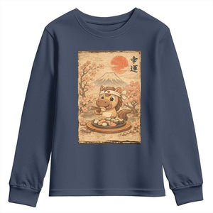 Funny Horse Eating Sushi Youth Sweatshirt Japanese Noodle Lover TS12 Navy Print Your Wear