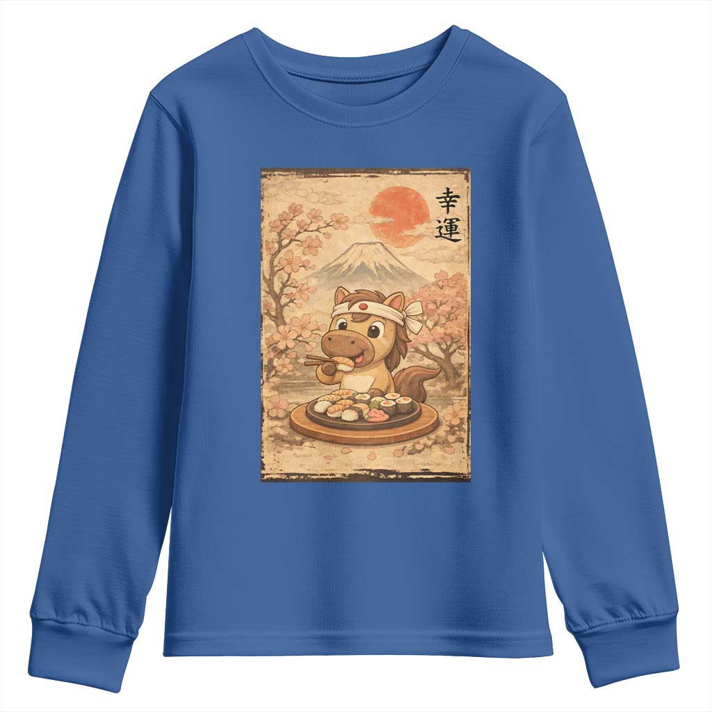 Funny Horse Eating Sushi Youth Sweatshirt Japanese Noodle Lover TS12 Royal Blue Print Your Wear