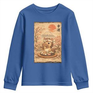 Funny Horse Eating Sushi Youth Sweatshirt Japanese Noodle Lover TS12 Royal Blue Print Your Wear