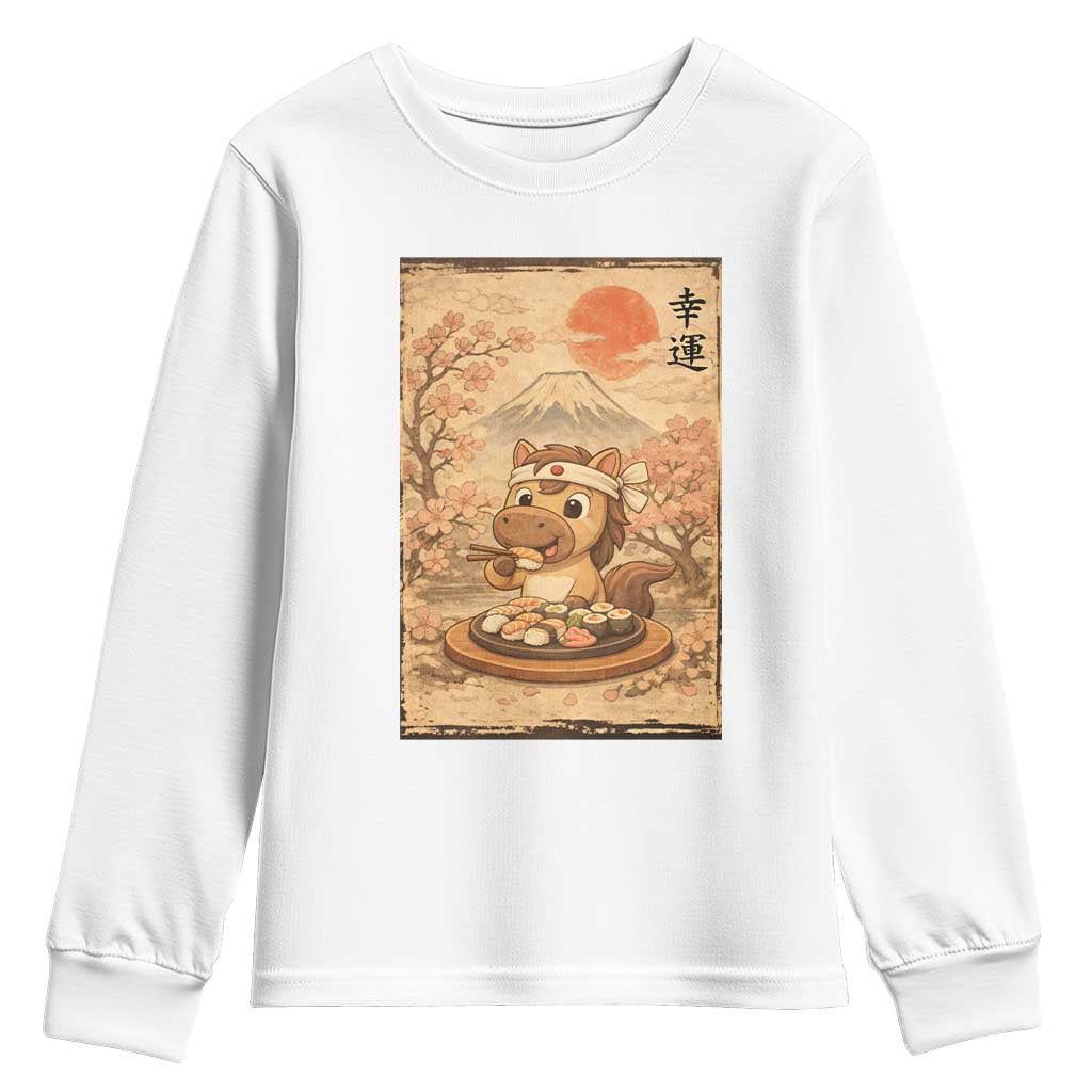 Funny Horse Eating Sushi Youth Sweatshirt Japanese Noodle Lover TS12 White Print Your Wear