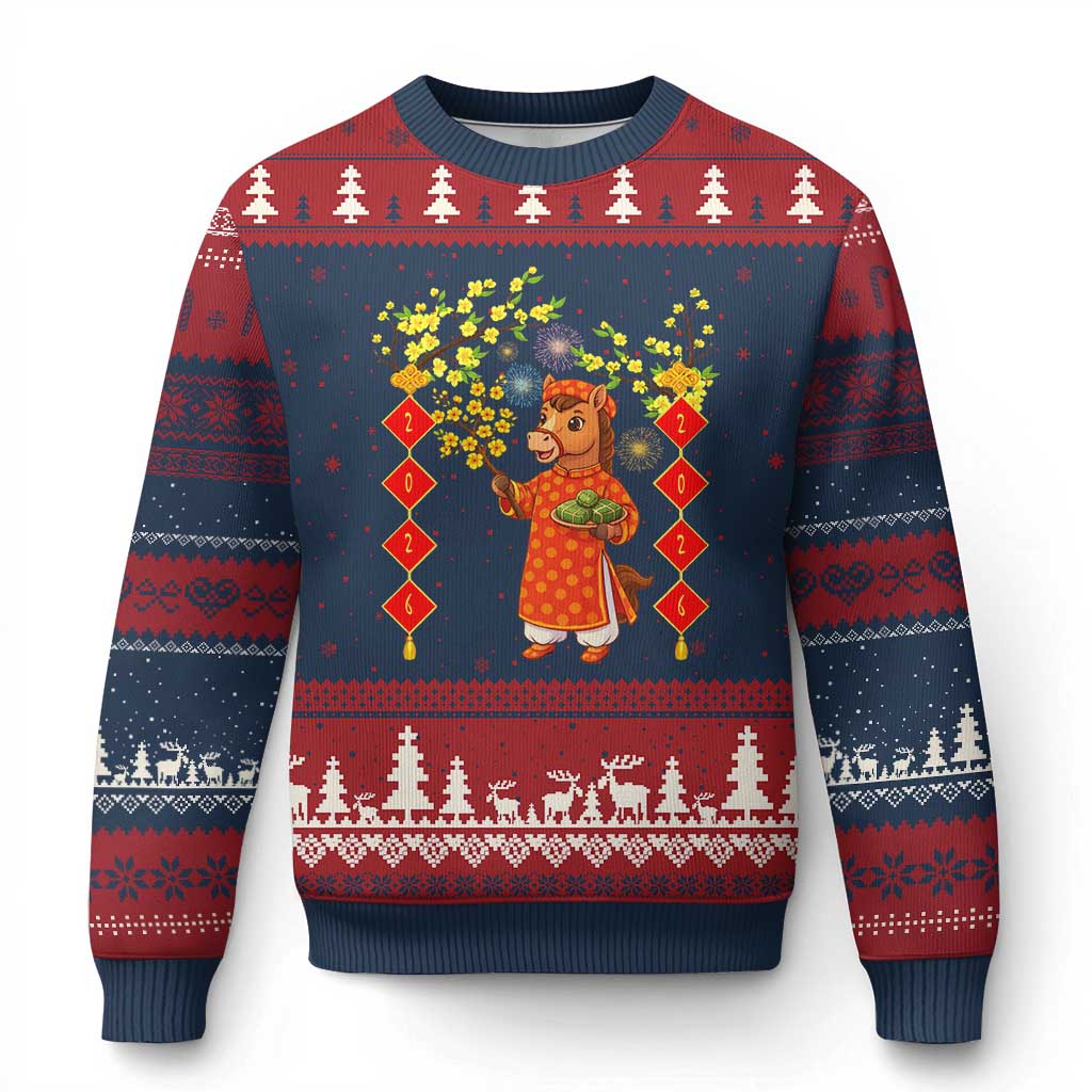 Funny Tet Holiday Ugly Christmas Sweater Cute Horse In Ao Dai TS12 Navy Red Print Your Wear