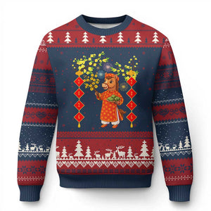 Funny Tet Holiday Ugly Christmas Sweater Cute Horse In Ao Dai TS12 Navy Red Print Your Wear