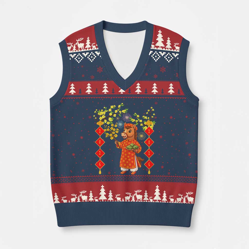 Funny Tet Holiday V-Neck Knit Sweater Vest Cute Horse In Ao Dai TS12 Navy Red Print Your Wear